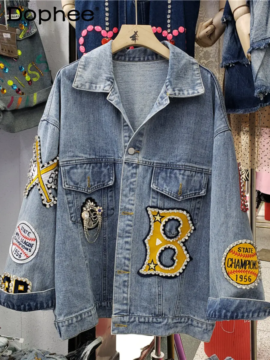 

Harajuku BF Style Street Hip-Hop Washed Denim Jacket Female Autumn New Jeans Jacket Coats Exquisite Rhinestone Clothes Trendy