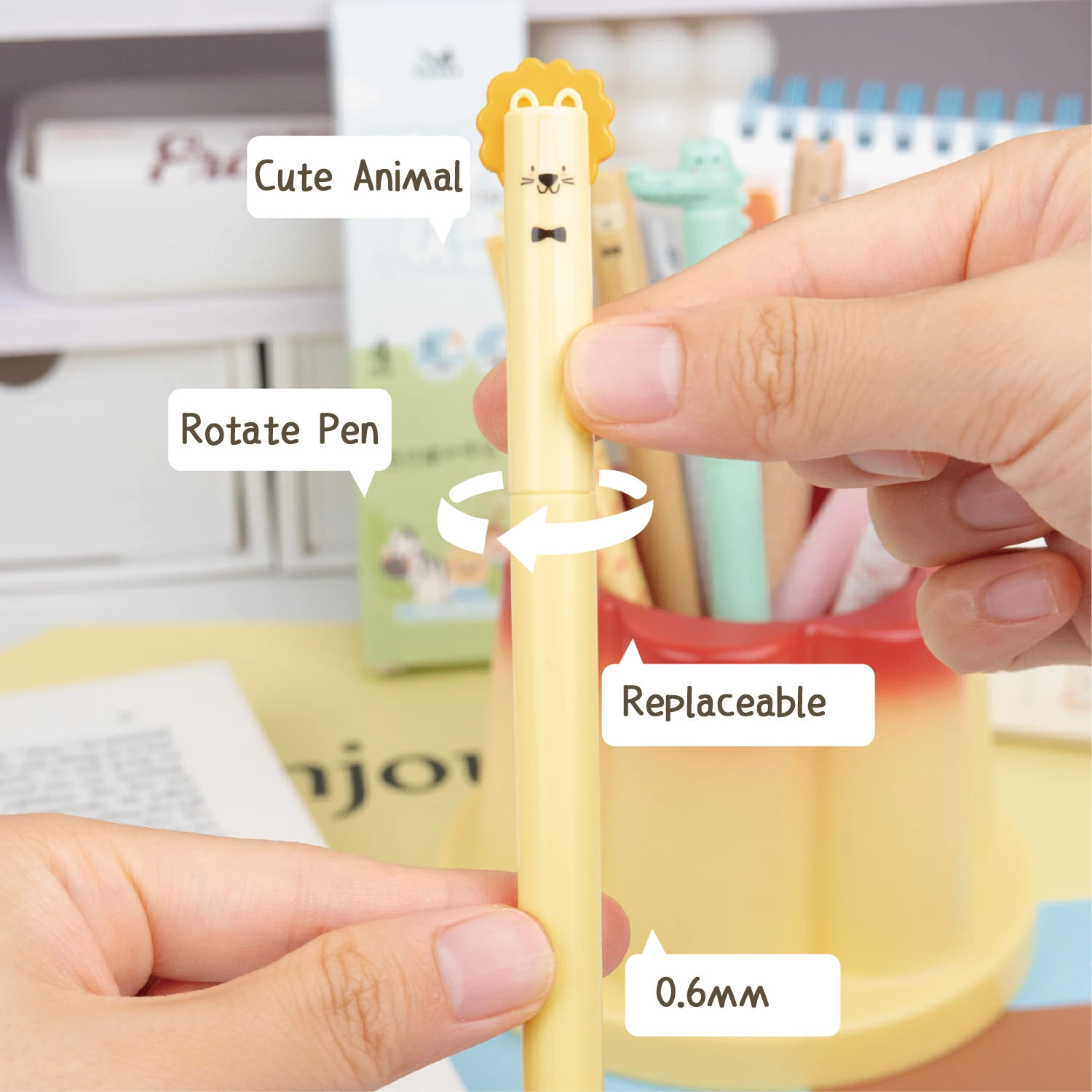 ปากกาเจลหมุนลายการ์ตูนสัตว์น่ารัก 4 ด้าม/กล่อง ขนาด 0.5 มม. หมึกสีน้ำเงิน สำหรับเด็กนักเรียน เครื่องเขียน