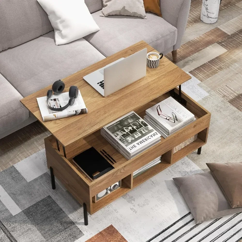 Lift Top Coffee Table with Metal Legs, Rising Center Table w/Hidden Compartment &  Open  Wood Dining Working