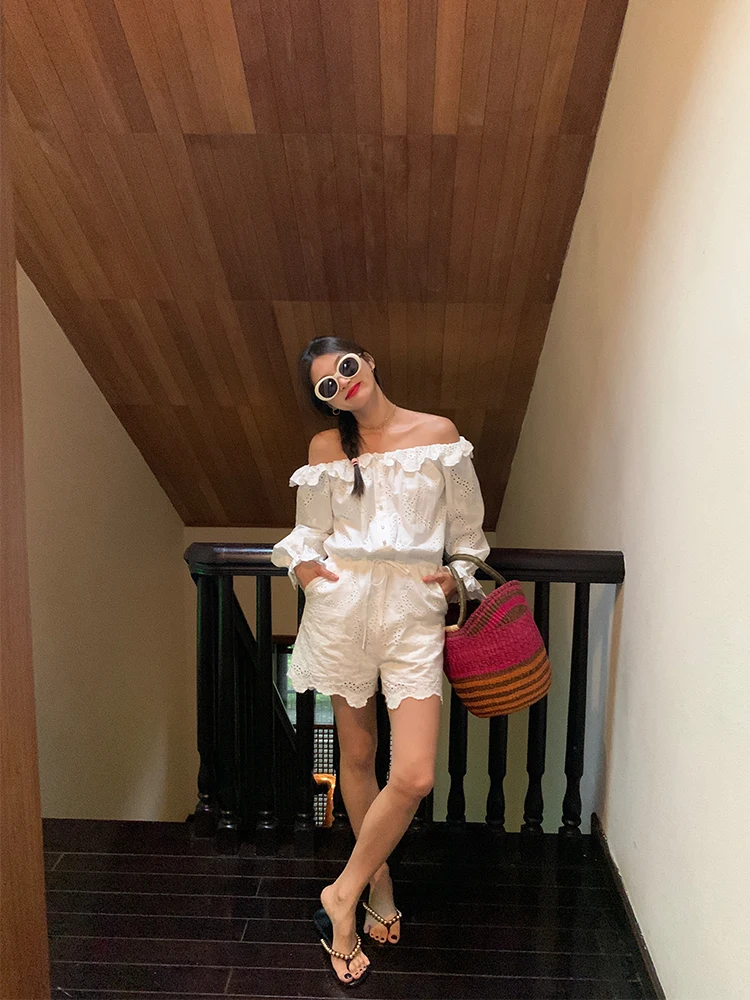 

Белый кружевной комбинезон с вырезами, женский длинный комбинезон из смесового хлопка, удобный, дышащий, для лета