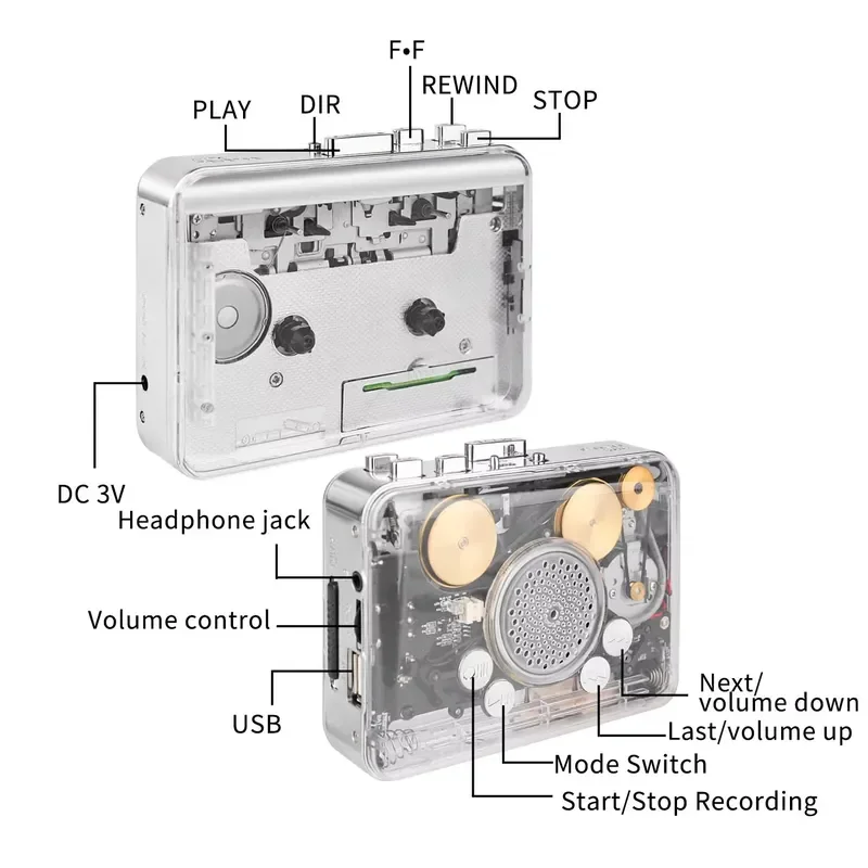 New Custom Transparent HiFi Walkman - Portable Cassette Player with USB MP3 Converter and Stereo Sample Order