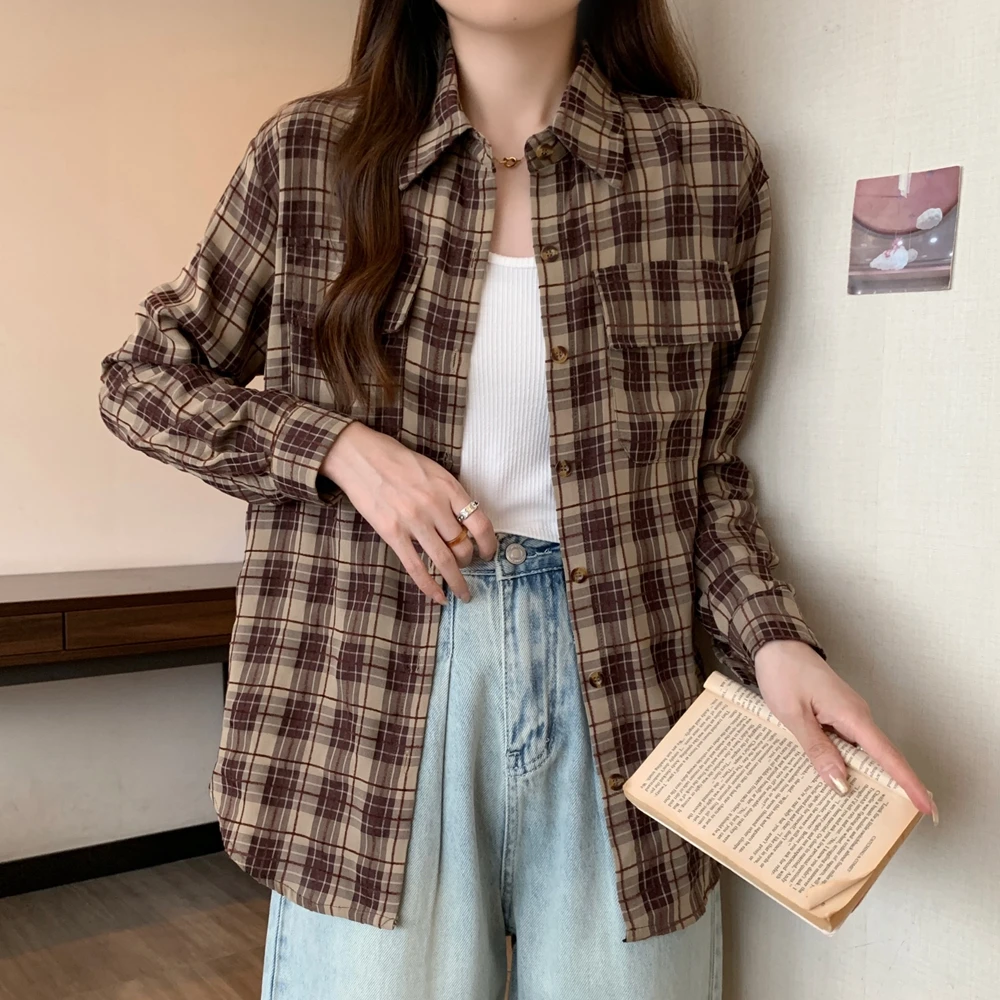 

Fall Plaid Women Shirt Casual Loose Simple Versatile Long Sleeve Pockets Patchwork Single-breasted Fashion All-Match Female Tops