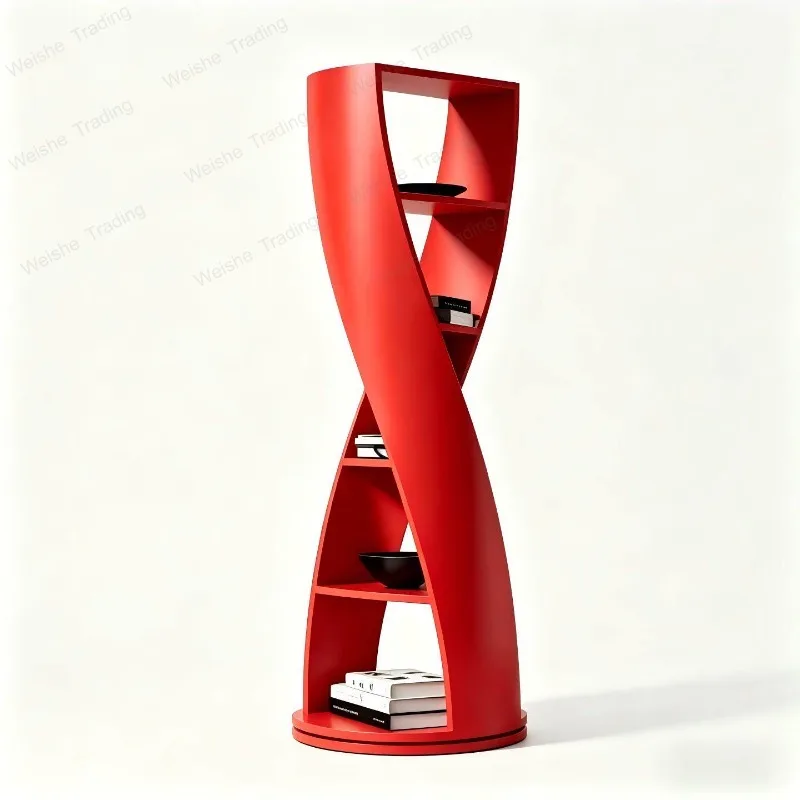 Burgundy paint bookshelf Solid wood rotating bookcase Round shelf Modern simple special-shaped decorative display rack
