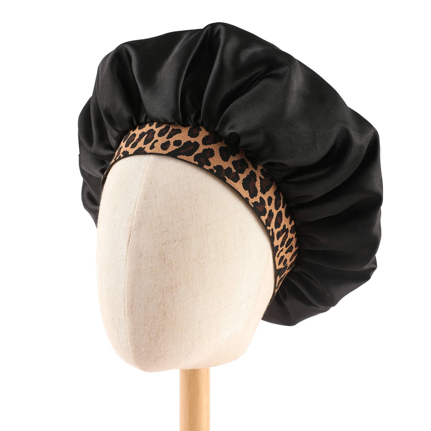 2024 New Fashion Satin Sleeping Hat Night Sleep Hair Care Bonnet Nightcap Popular Leopard Silk Wide-Brimmed Shower Cap