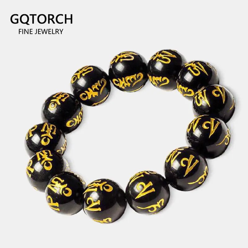 Natural Black Obsidian Onyx Stone Beaded Bracelets Carving Six Words Buddhist Prayer Tibetan Buddha Jewelry 12 14 16 mm
