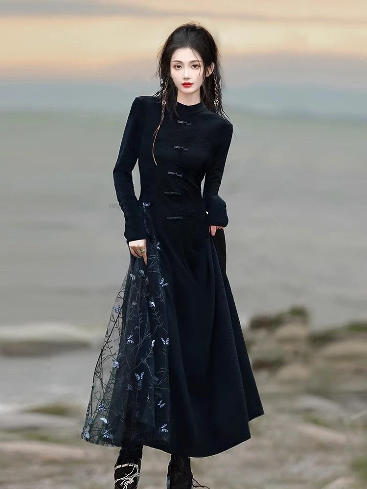 New Chinese Style  Cheongsam Dress  Autumn And Winter Women  Retro Butterfly Black Long Dress high-end Modern Qipao