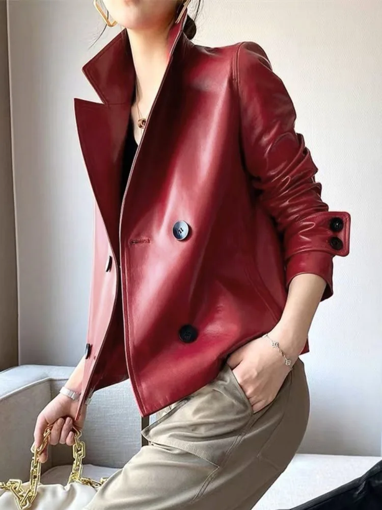 Lemongor Women's Solid Color Faux Leather Jackets 2024 New Autumn Winter Long Sleeves Buttoned Notched Collar Lady Outerwear