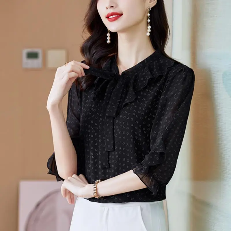 2024 Summer Women Korean Fashion Ruffles Lace Up Elegant Blouses Casual Letter Print V Neck Shirts Female Half Sleeve Loose Tops