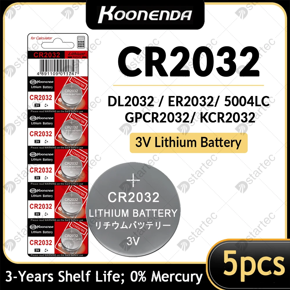 5 قطعة Koonenda CR2032 3 فولت بطارية ليثيوم ، 220mAh CR ليثيوم 3 فولت عملة خلية للساعات ، مفتاح فوب ، سيارة عن بعد ، مراقبة الجلوكوز