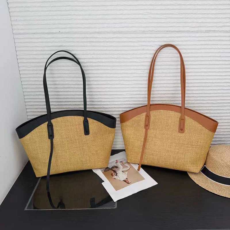 

Women's Bag Luxury Bags Designers 2026 Trendy Straw Woven Tote Bag Genuine Leather Trim Large Capacity Shoulder Bag Summer Beach