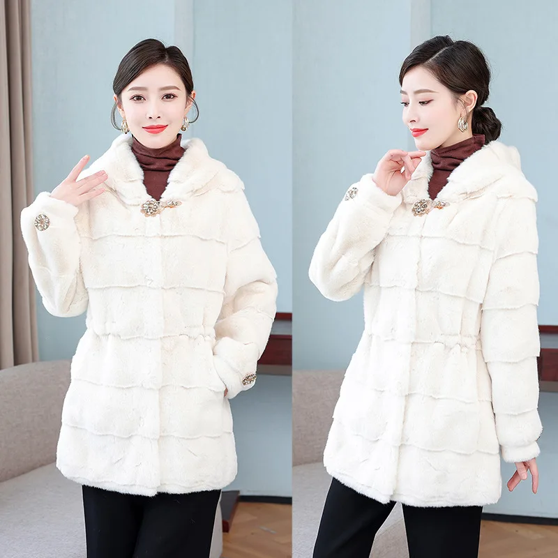 Denmark Mink Women\'s Fur Coat 2021 Winter New Fashion Rhinestone Elegant Thick Warm Outerwear Fake Fur Coat Loose Hooded Female