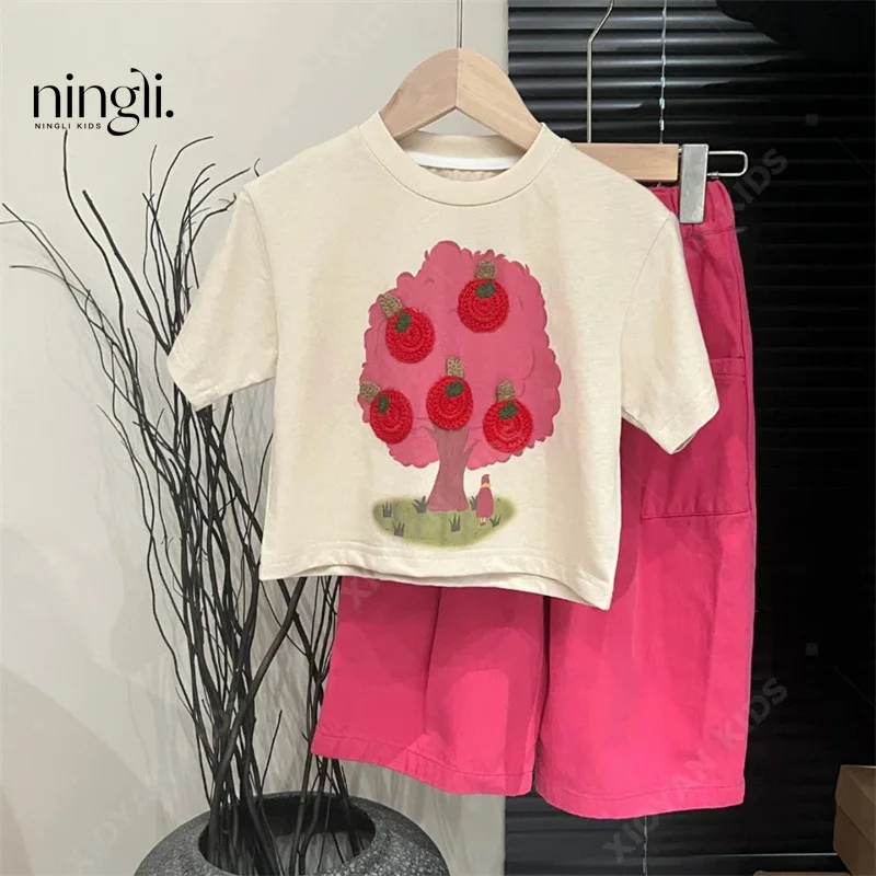 

Children's Clothing Girls2024Summer Western Style Suit Fashionable Children's Baby Girl Rose Red Wide-Leg Pants CartoonTT-shirt