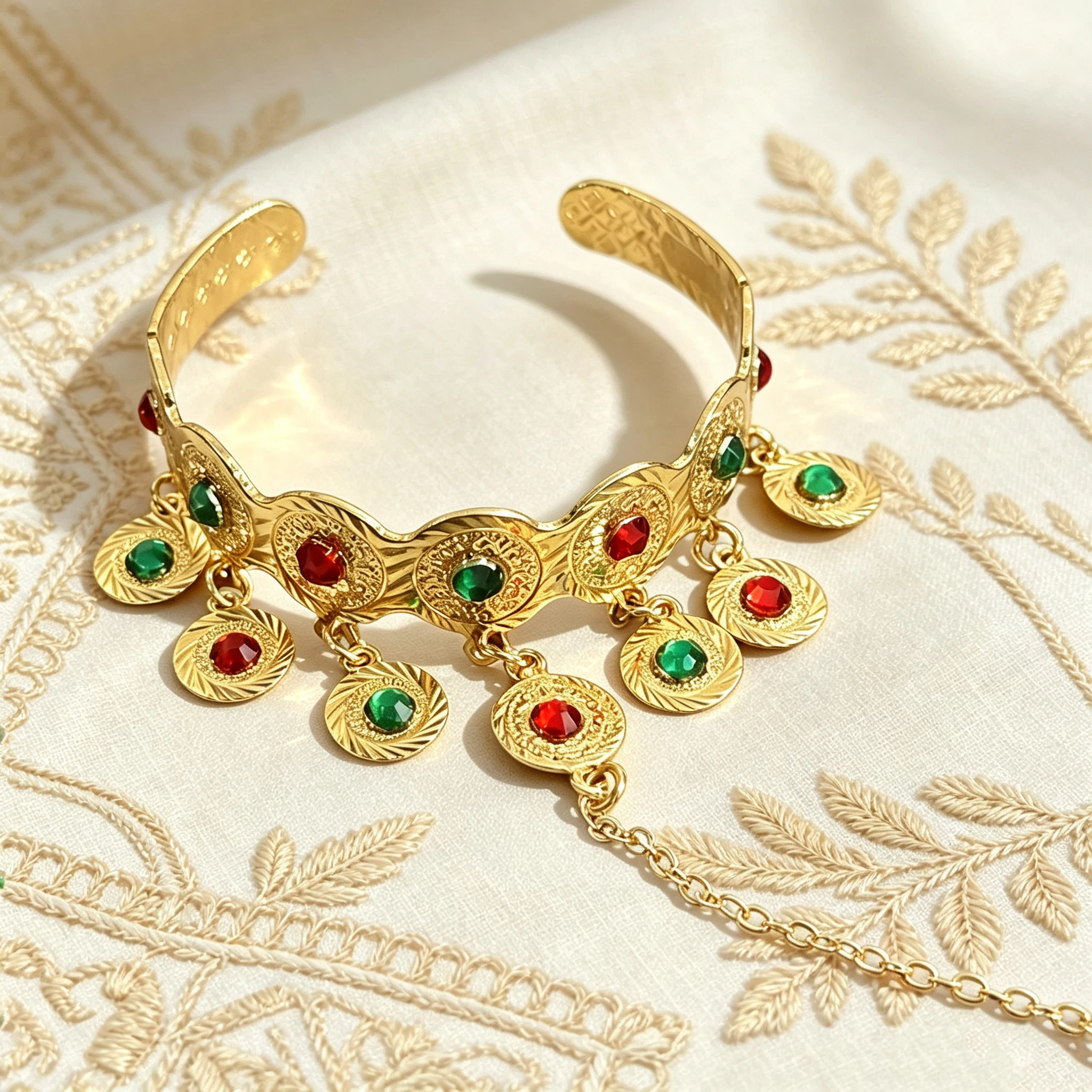 Bohemian Hand Chain Bracelet Ring Set Gold Color Coin Pendant Rhinestone Jewelry for Party