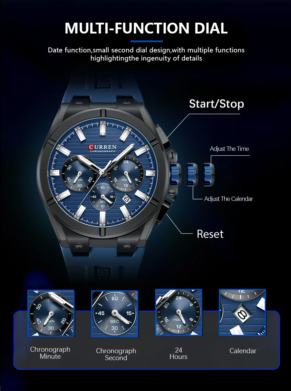 CURREN Herren-Luxus-Chronographenuhr mit 44-mm-Gehäuse, modische Quarz-Armbanduhr, lässiges Sport-Silikonarmband mit automatischem Datum. – Detail 4