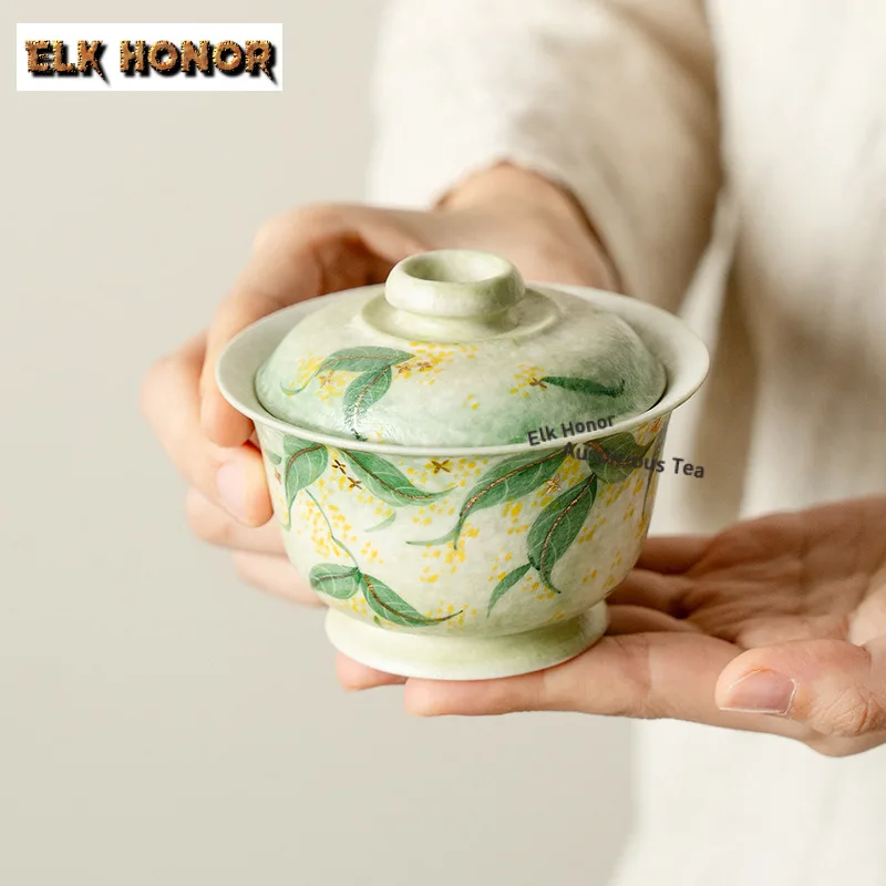 105ml Hand-painted Green Branch Gaiwan Set High-footed Tea Bowl Traditional Tea Tureen Tea Brewing Cover Bowl For Tea Craft Gift