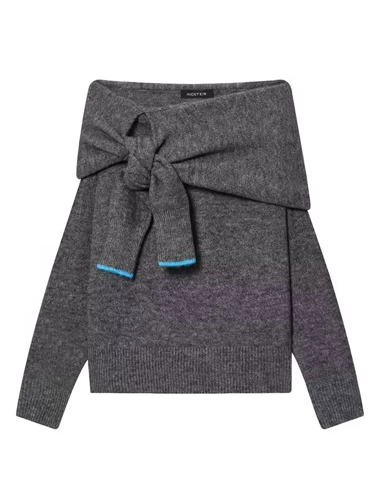 

HH Autumn Women Fashion Long Sleeves Off The Shoulders Elasticity Pullover Top Female Chic One-piece collar Knitted Sweater