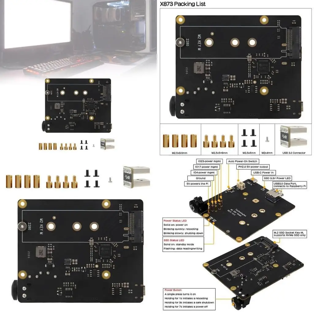 

31BA X873 USB3.0 to M.2 NVMe Solid Disk Expansion Board For rpi 4, Supports Up To 4TB Easy Installation