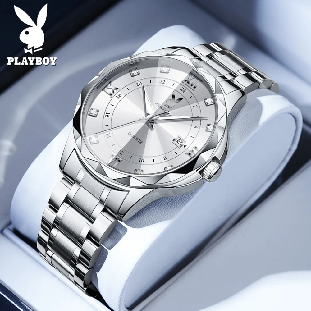 

PLAYBOY элегантные модные роскошные часы для мужчин, оригинальные водонепроницаемые часы из нержавеющей стали с календарем, светящиеся кварцевые новые наручные часы для мужчин