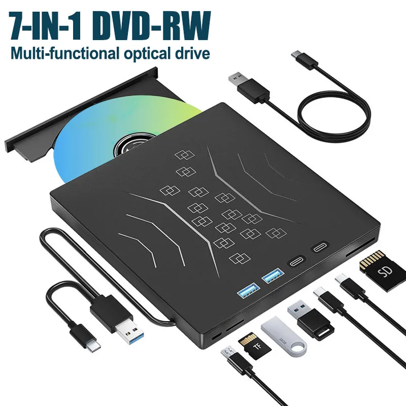 External CD/DVD -/+RW Drive USB 3.0 Portable CD/DVD/VCD Player Reader Burner for Laptop PC Optical Drive with SD/TF Port