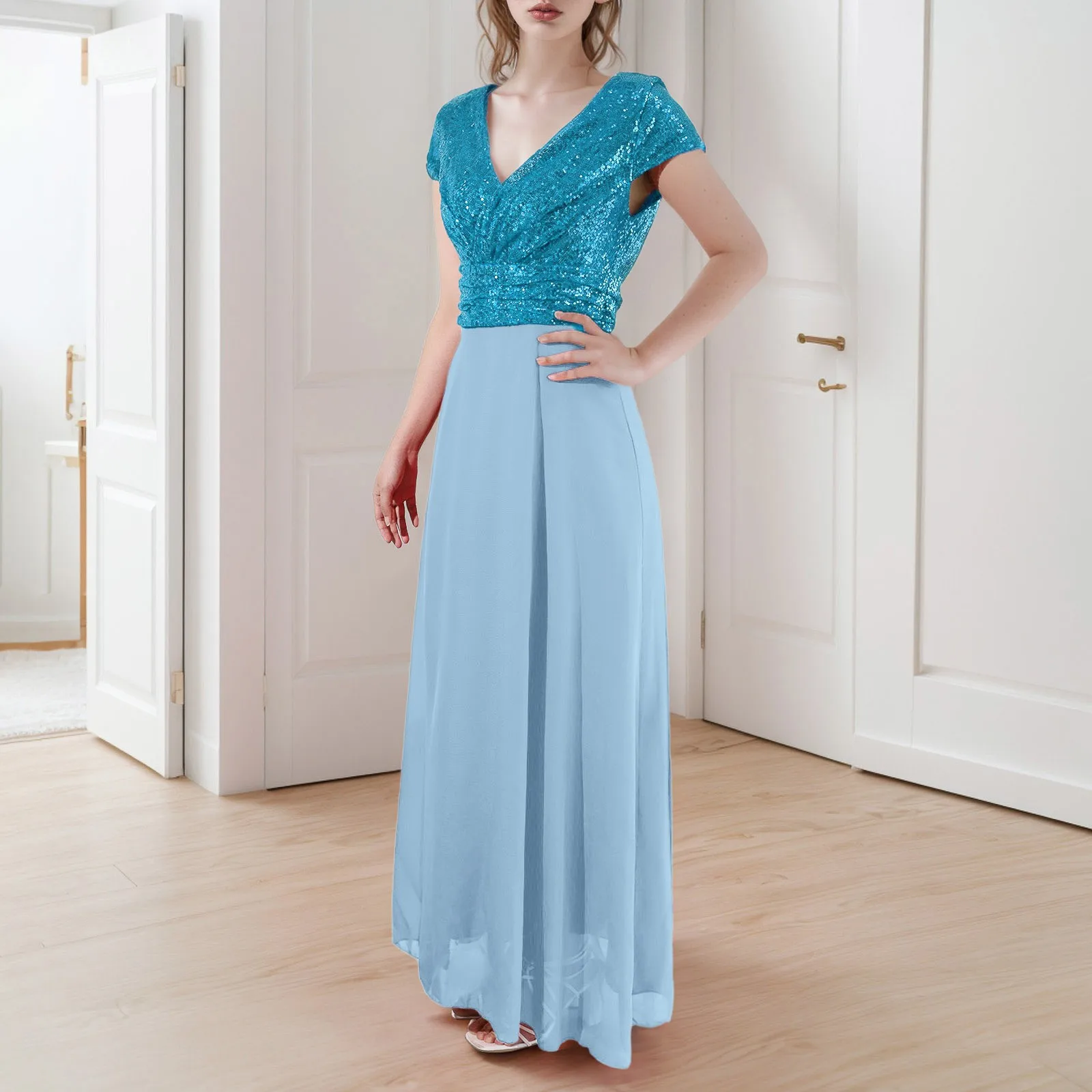 2024 neue Herbst Damen bekleidung ärmelloses Kleid V-Ausschnitt Pailletten elegante Chiffon Abendkleid Hochzeits gast Kleider für Frauen