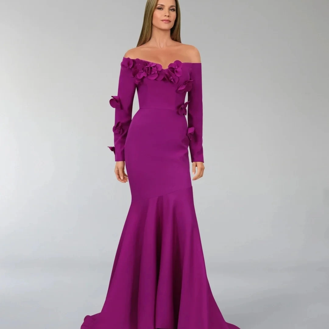 

Elegant Women Purple Evening Formal Dress Off-Shoulder 3D Flower Mermaid Prom Pageant Party Gowns Arabic Robe De Soiree