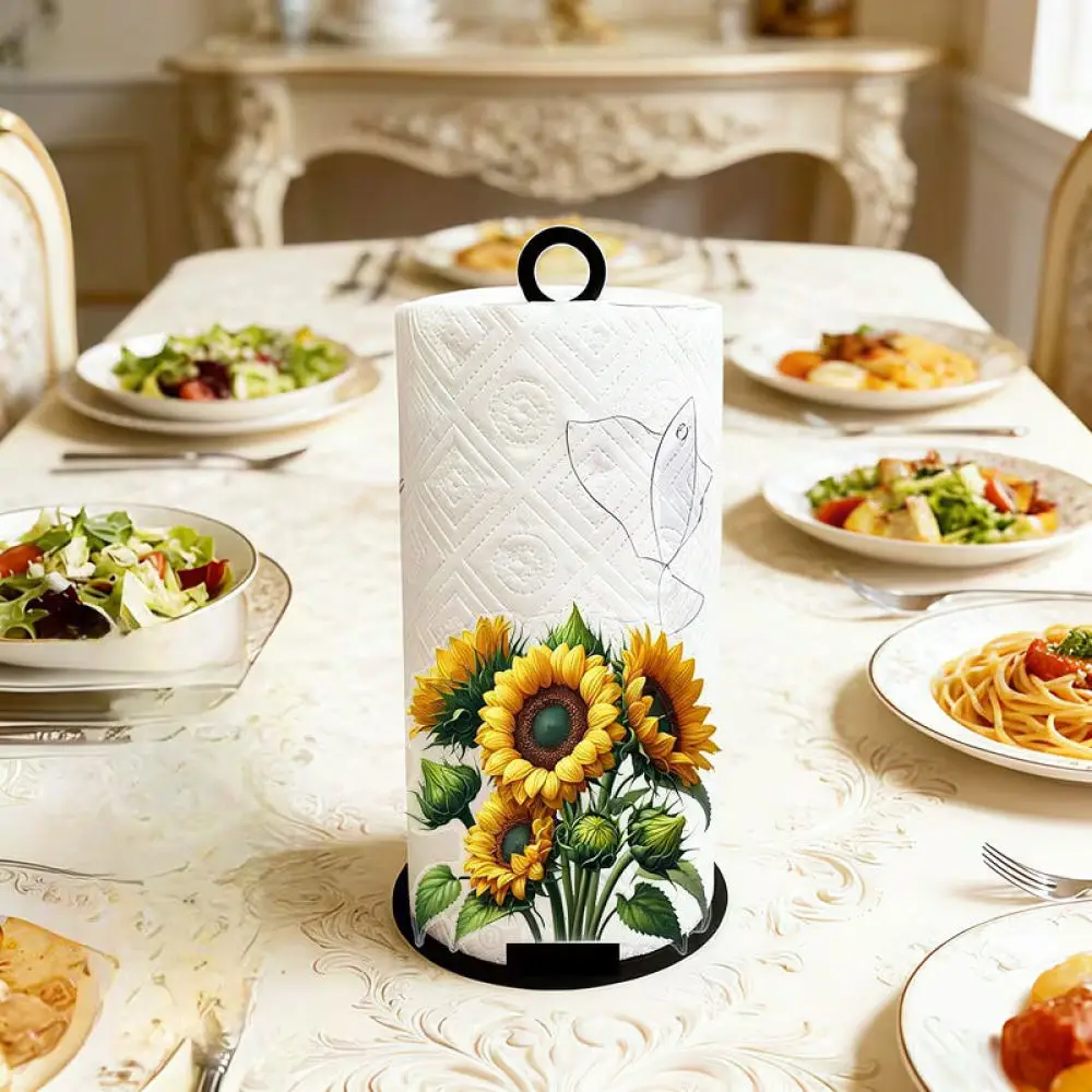 Countryside Sunflower Design Napkin Dispenser Wooden Stand Vertical Organizer For Kitchen Bathroom Decor