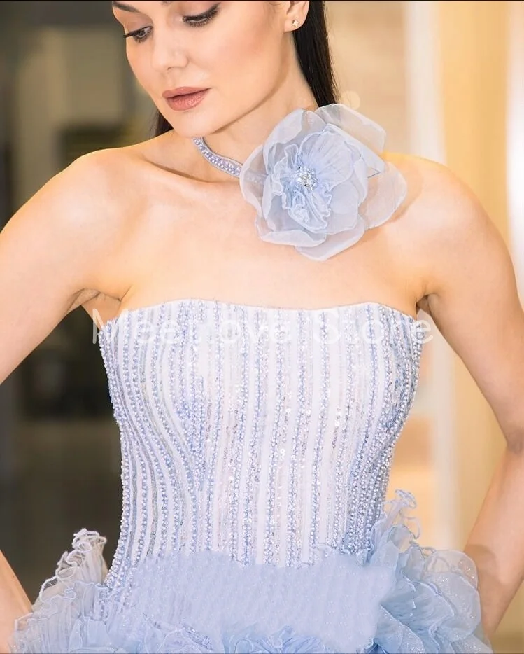 

Meetlove Индивидуальные синие без бретелек роскошные тюлевые трапециевидные платья с бисером и 3D цветами на ленте Вечерние платья длиной до пола без рукавов с кристаллами