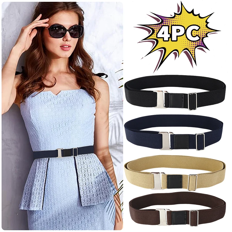 4Pcs Women Elastic Decorative Belt, Non-perforated Freely Adjustable, Slim Fit Simple Versatile Waist Belt