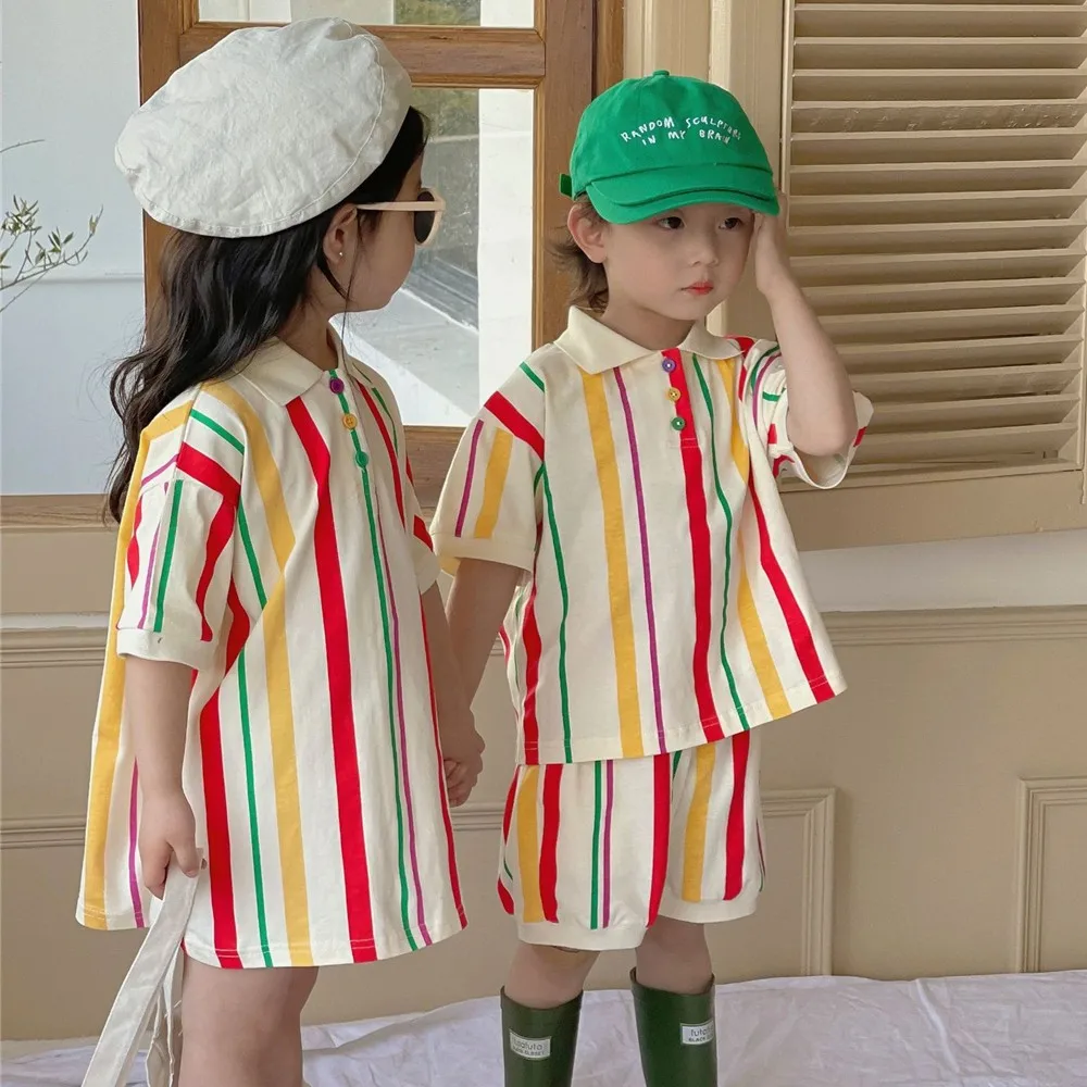 Children Summer Fashion Striped Brother And Sister Costumes Turn-down Collar T-shirt+ Loose Shorts Set Girl's Shirt Dress