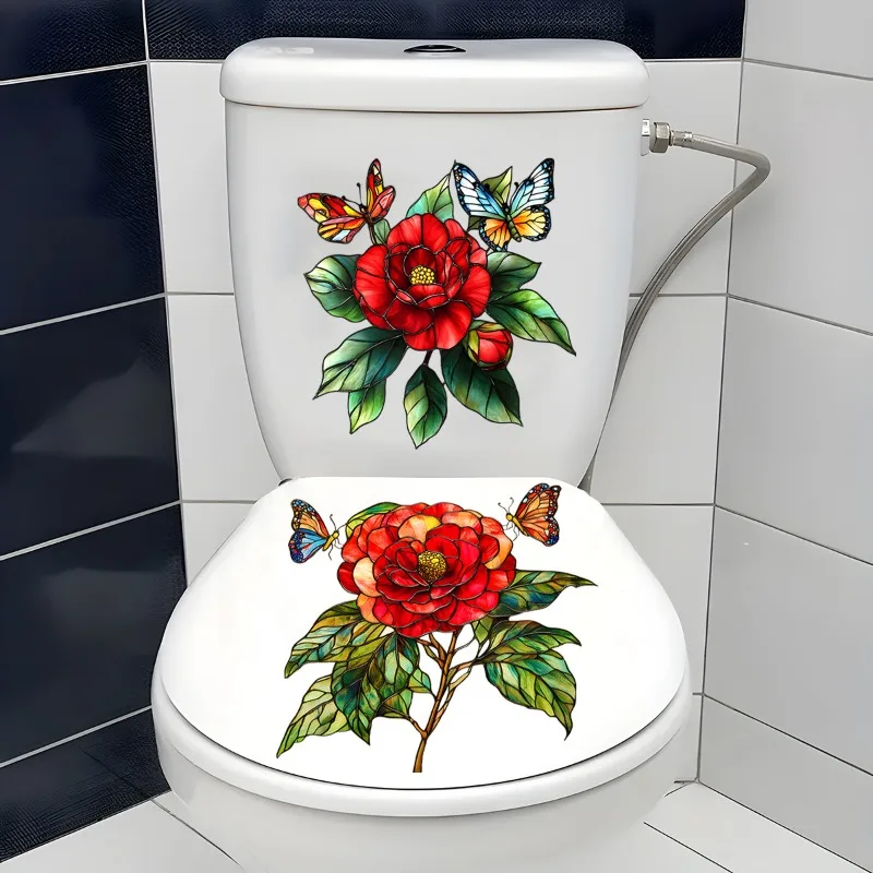 Hand-Painted Red Peony Flowers Wall Sticker Bathroom Toilet Decor Decals Living Room Cabinet Home Decoration