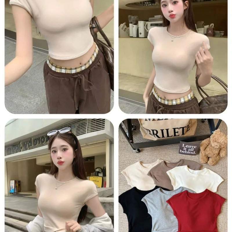 Early Autumn Regular Shoulder Brushed Round Neck Built-in Bra T-shirt Short Crop Top with Flutter Sleeves (2025 New Design)