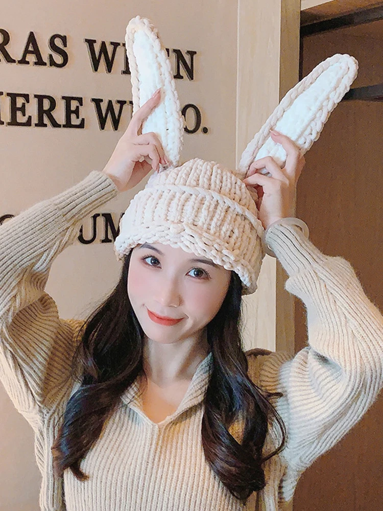 Fashion Novelty Winter Rabbit Ears Hat Female Girl 's Women Chic Preppy Style Lovely Warm Beanies Women Knitted Cover Head Cap