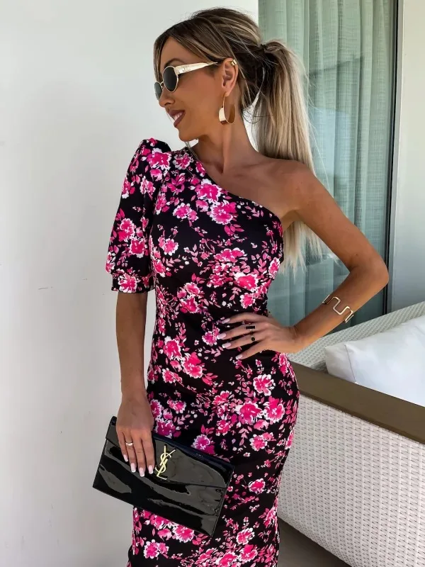 Women's Long Skirt Summer Single Rotator Sleeve Fashion Flower Print Hip Elastic Slit Straight Tube Simple Elegant Party Dress