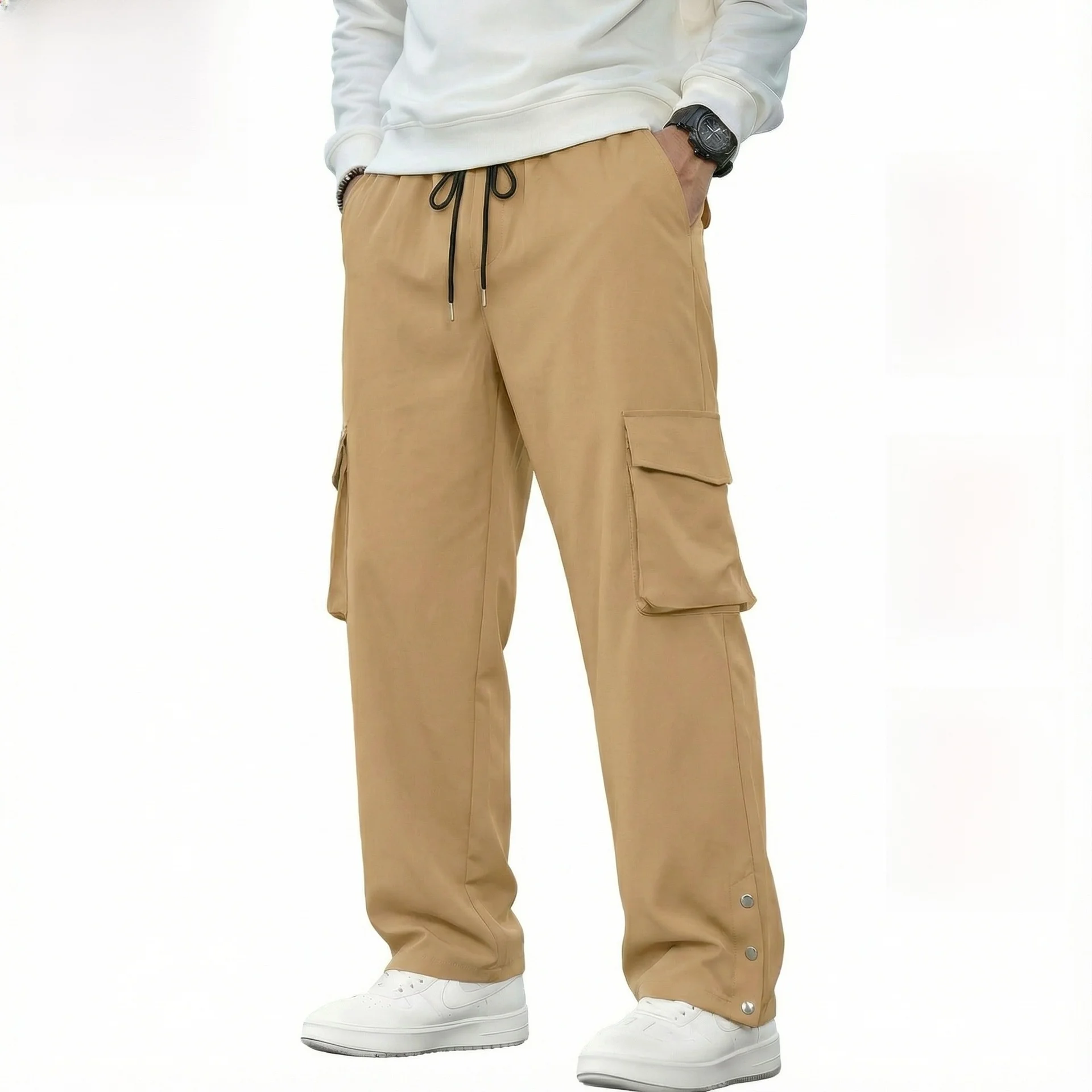 

Men's Casual Wide Leg Pants Multiple kets Comfortable Loose Fit Knitted mid Waist Elastic Cotton Blend Neutral Sle