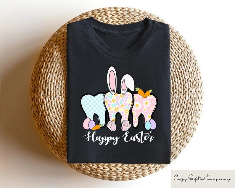Happy Easter T-shirt, Bunny Teeth Ears Shirt, Rabbit Tooth Sweatshirt, Floral Dental Rabbit Tee, Funny Dentist Gift