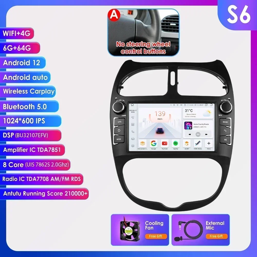 2DIN Auto Intelligent Scherm voor Peugeot 206 206CC 206SW 2000-2008 Draadloze Carplay 7inch 7862 Stereo GPS Navigatie 4G Autoradio