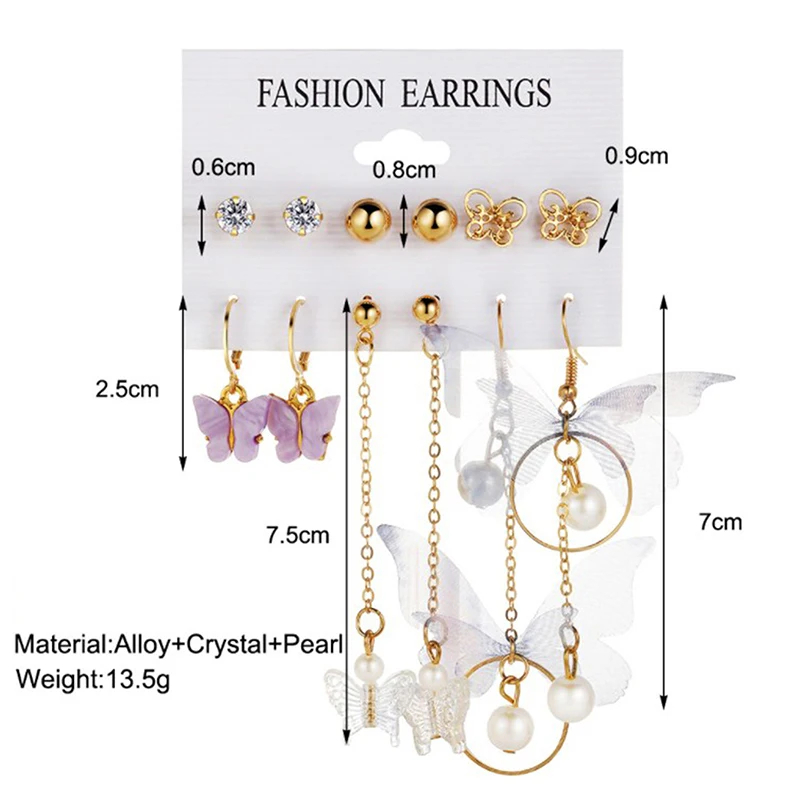 6 Pairs Korean Charm Butterfly Stud Earrings Set For Women Girls Fashion Metal Long Tassel Chain Pierced Earrings Jewelry