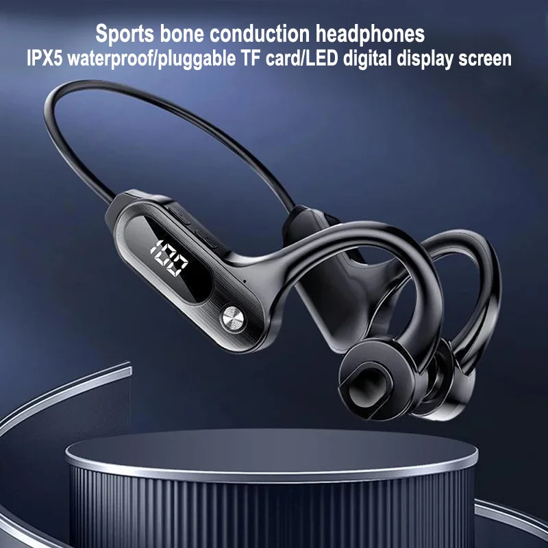 

IPX5 Waterproof Bone Conduction Wireless Bluetooth Headphones LED Digital Display Screen Can Insert TF Card Sports Earphones