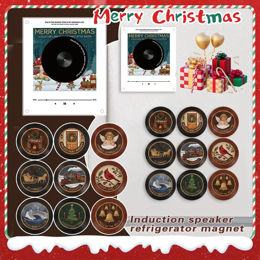 Christmas NFC Magnetic Record‑Player Fridge‑Magnet 9 Replaceable Discs Induction‑Speaker Refrigerator‑Sticker Xmas Home Decor