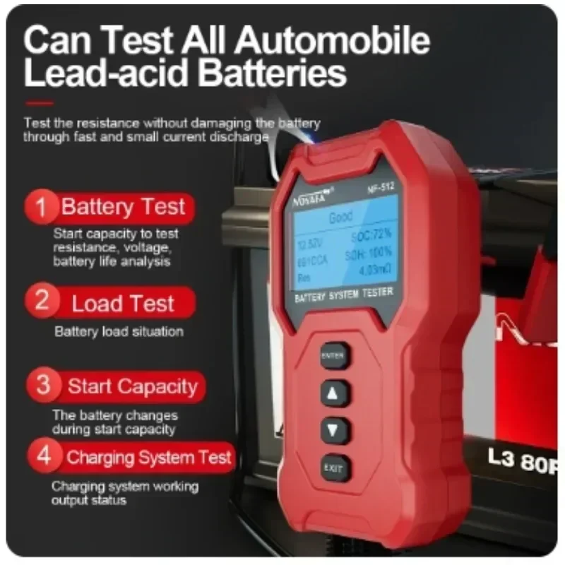 Zhouce NF-512 analisador de testador de bateria de carro 12v 24v analisador de bateria automotivo plugue de carga rápida ferramentas de diagnóstico de teste de partida