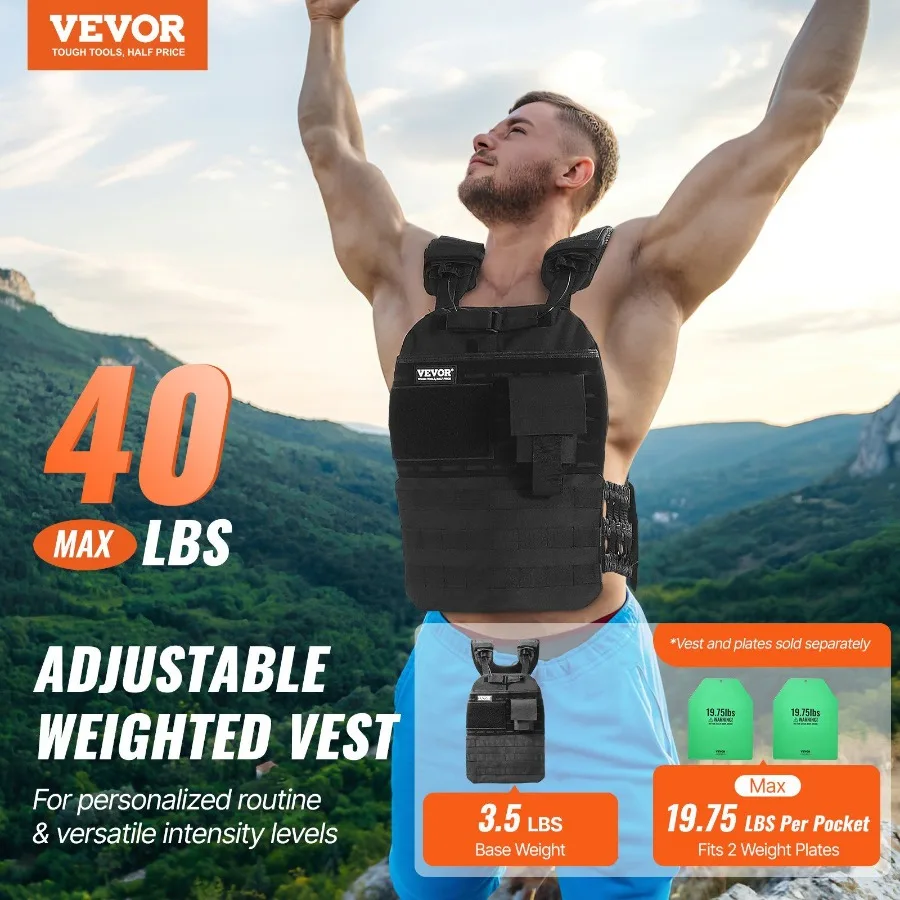 40lb Adjustable Weighted Vest for Men Women Black Fitness Training Jacket for Strength Endurance Running Jogging Walking Workou