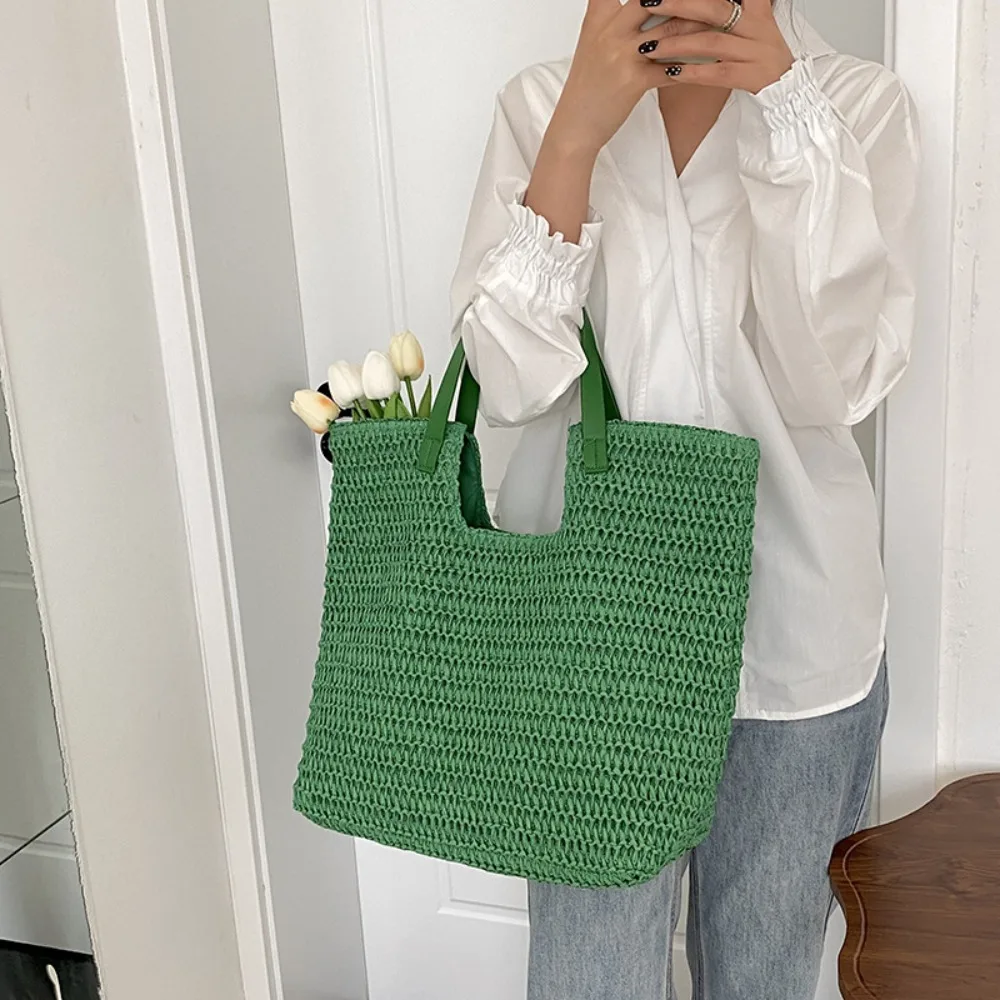 

Leisure Large Capacity Beach Straw Bag Simple Summer Woven Tote Bag Magnetic Buckle Commute Laptop Bag Unisex