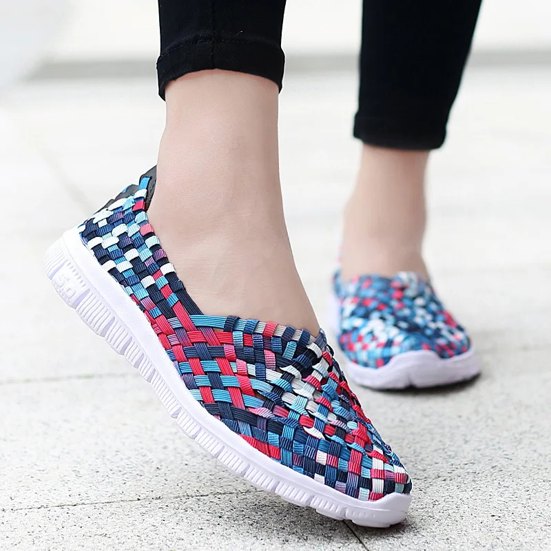 Women Sneakers Summer Breathable Lightweight Slip on Women Flat Shoes Female Loafers Manual Woven Shallow Women Casual Shoes