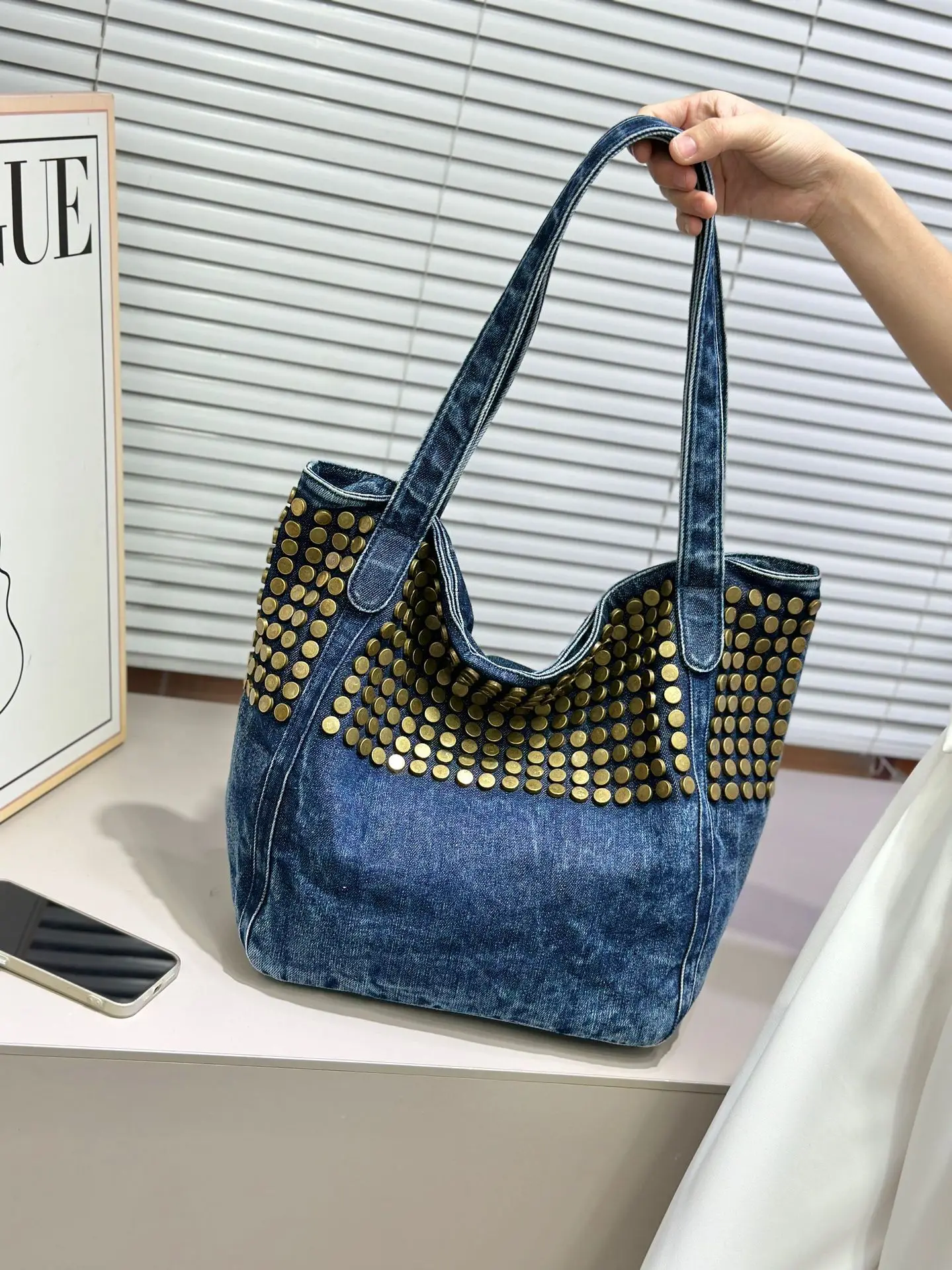

Lili Nice New Rivet Handbag Versatile Fashion Tote Bag Simple Large Capacity Underarm Women's Rivet Denim Shoulder Bag