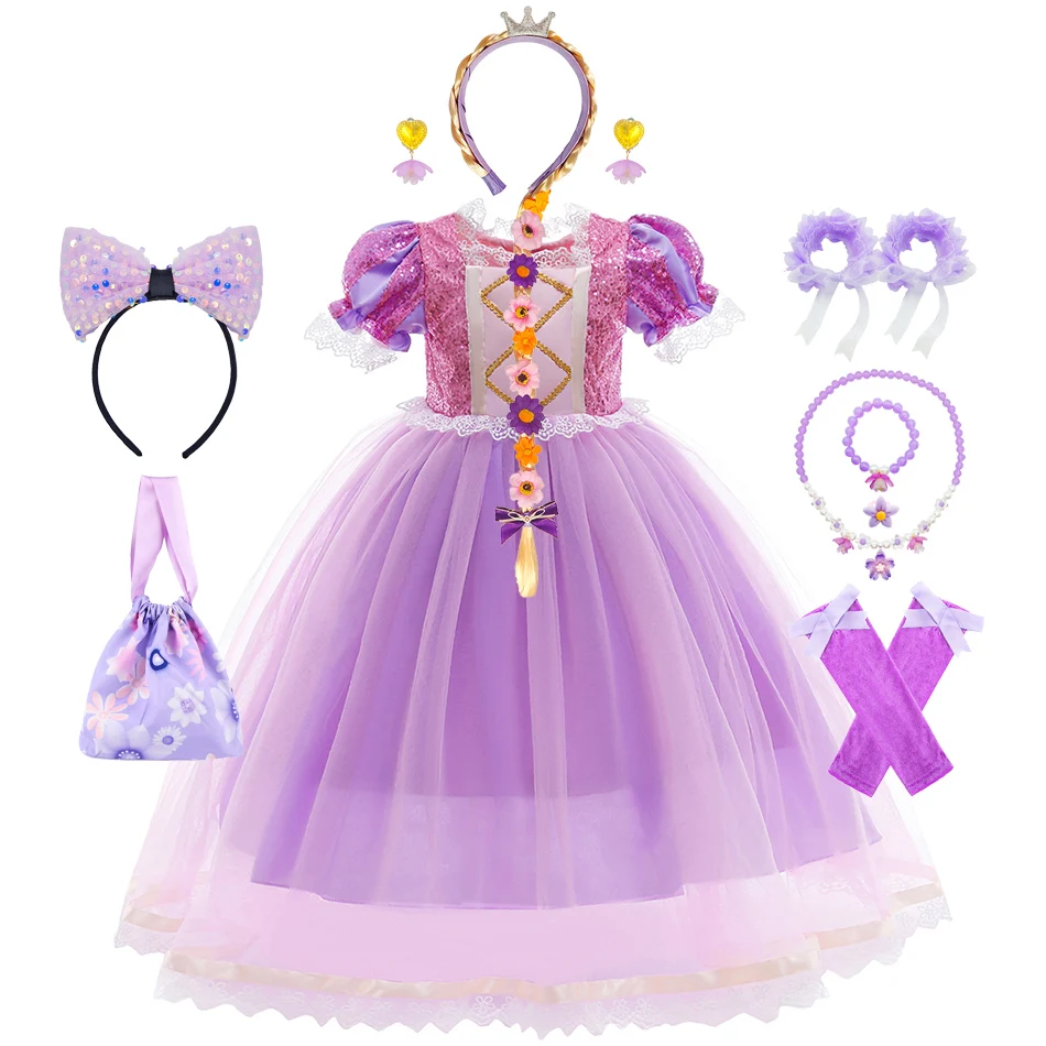Girls Purple Princess Dress Sequined Puff Sleeve Lace Trim Tulle Gown Kids Rapunzel Cosplay Set for Halloween Wedding Party