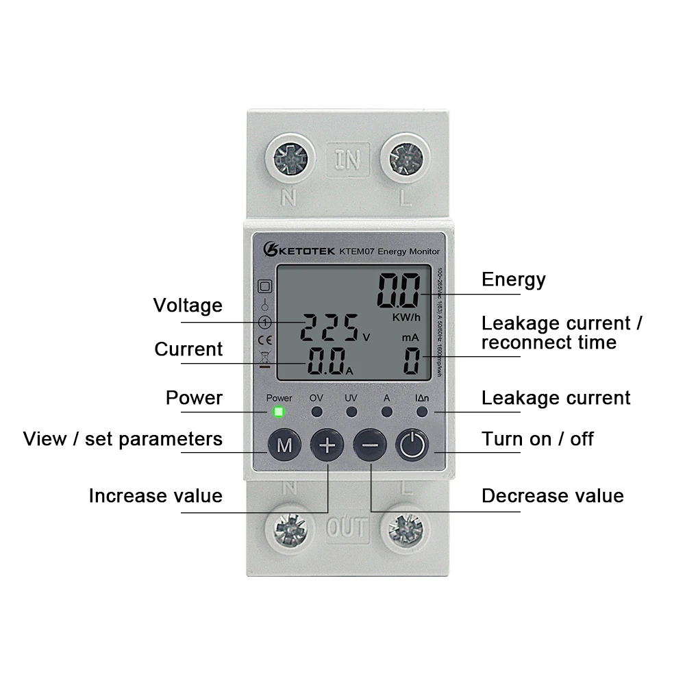 Din Rail Multi-function LED Digital Energy Meter AC 80-300V 250-450V 0-100.0A Ammeter Voltmeter Volt Amp Voltage Current Meter