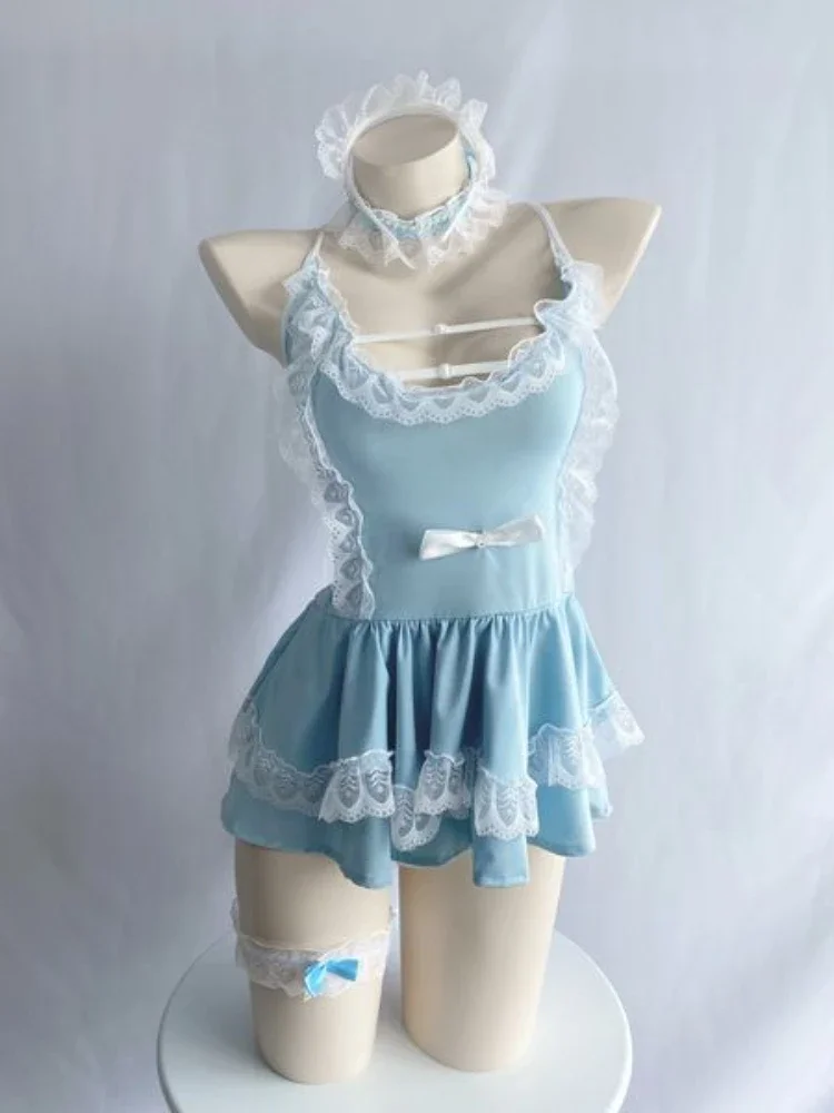 

Аниме-костюм горничной небесно-голубого цвета, милый кружевной комплект для ролевых игр, нижнее белье, ночная сорочка для вечеринок и клубов