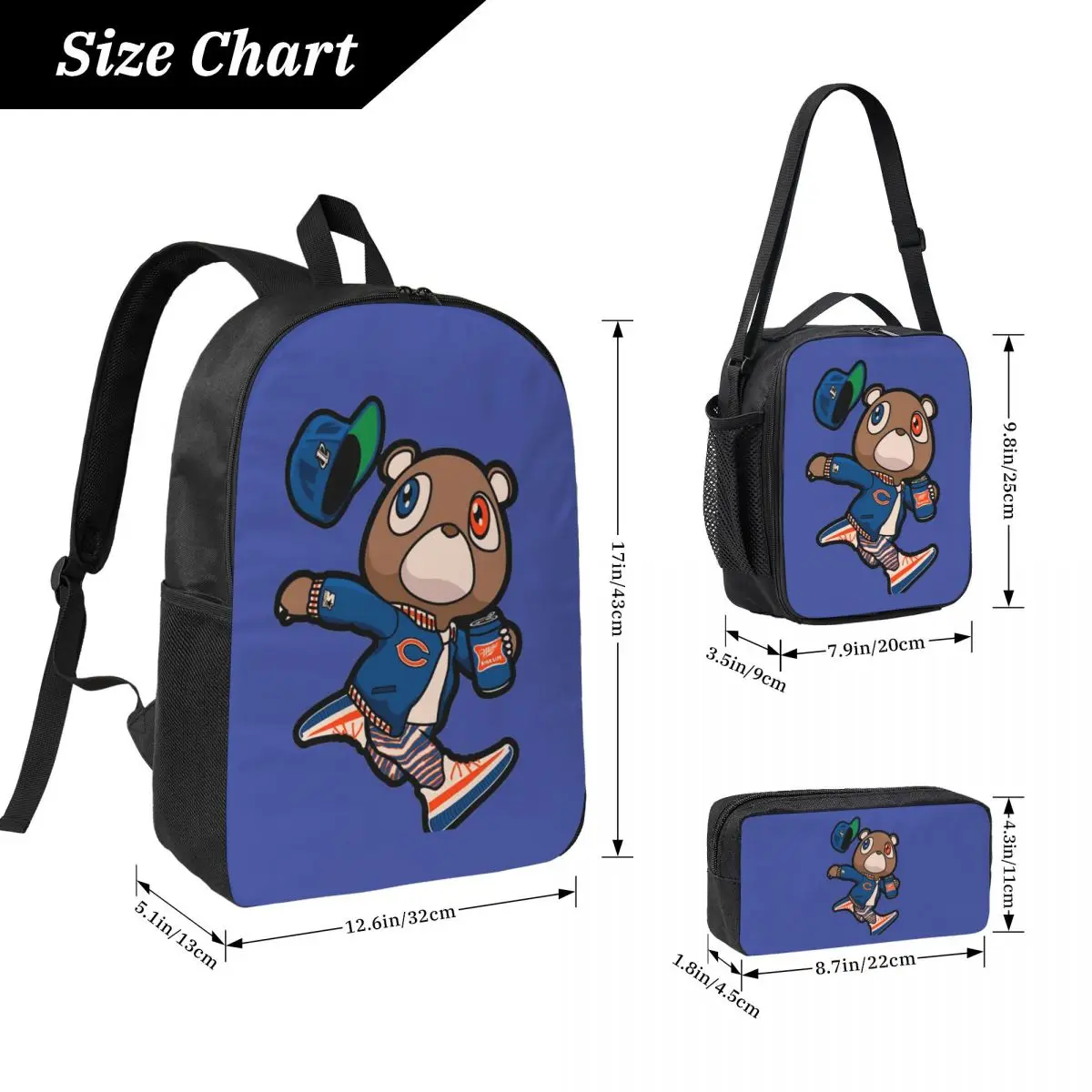 Kanye West Dropout Bear Chicago Vintage Graduation Backpack Boys Girls BookBag School Bag 3ps Insulated Lunch Bag Pencil Case