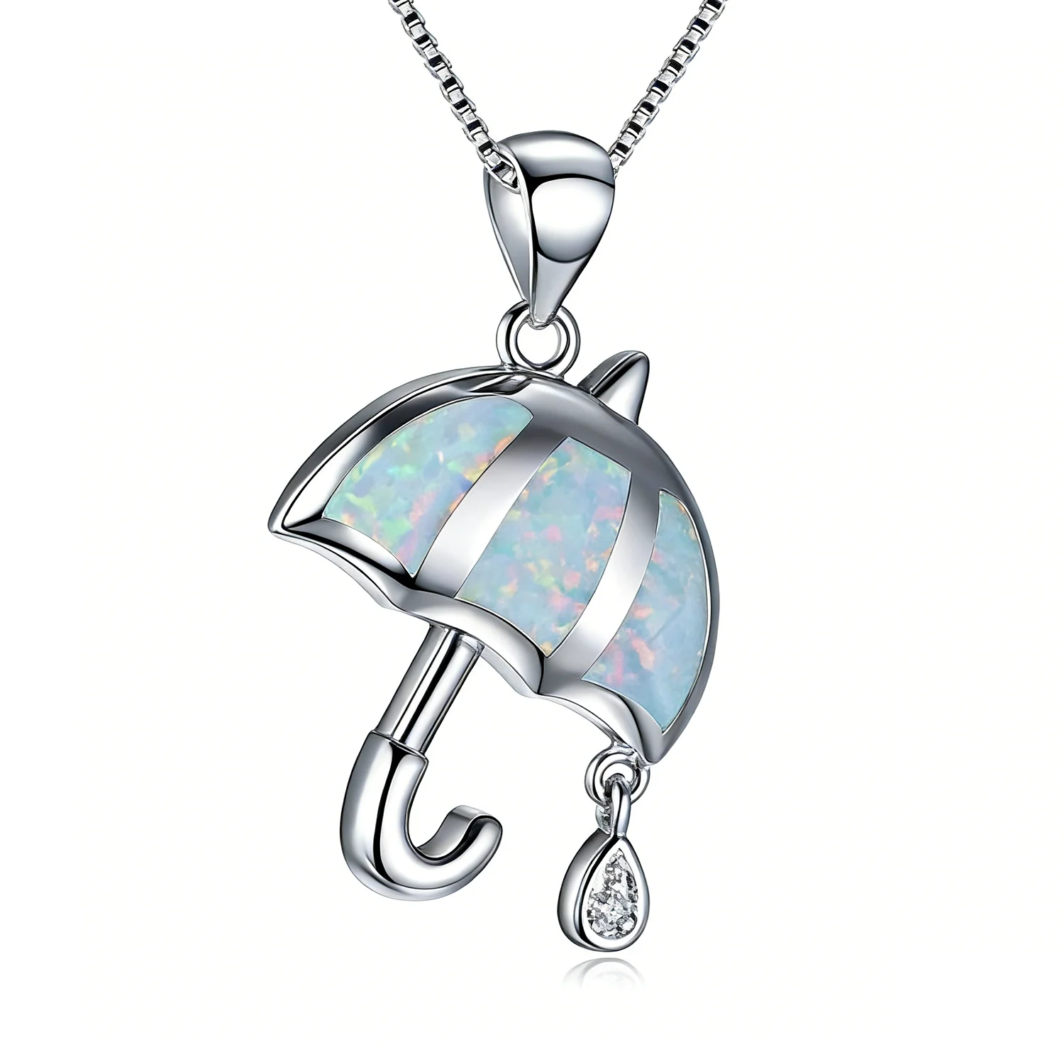 Unique Umbrella & Raindrop Pendant Necklace,White Opal,Cute Whimsical Jewelry for Women,Fashion Statement Gift for Girlfriend