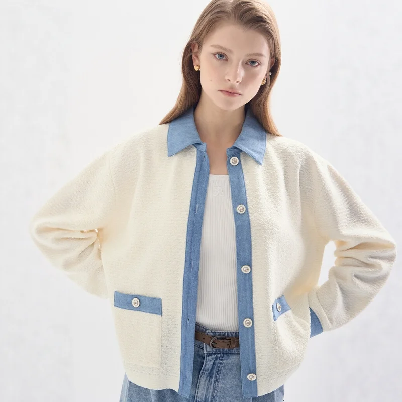 

Unique Super Cute Korean Sle White Denim Patchwork Knitted Jaet Light Luxury Wind Autumn Faion Women's Open Cardigan